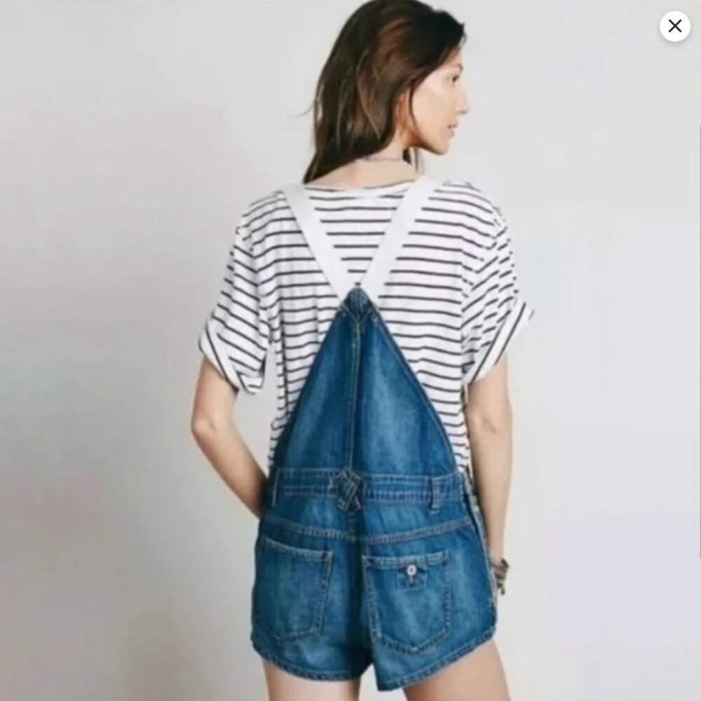 Free People Denim Shortalls Overalls with Cream Canvas Straps Size 28 - Picture 12 of 12
